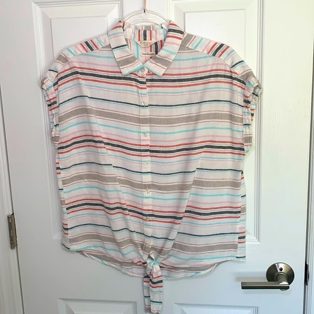 Weatherproof Vintage washable linen tie front button down casual blouse small